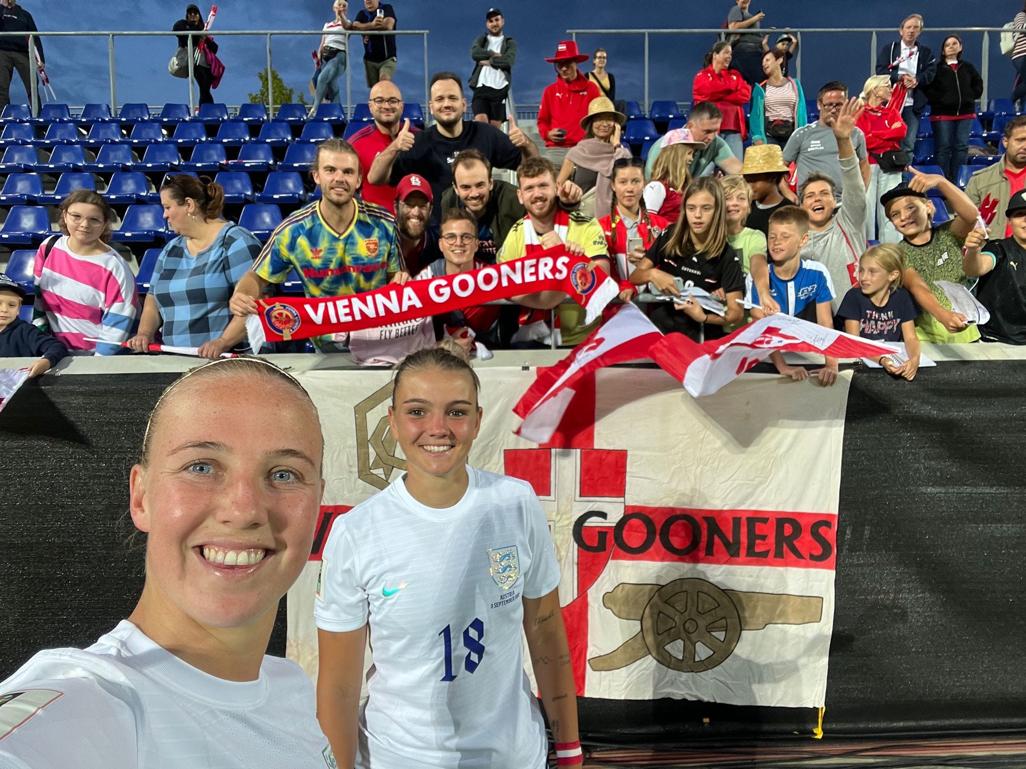 beth mead and laura wienroither with vienna gooners post austria england women game in wiener neustadt, sep 2022